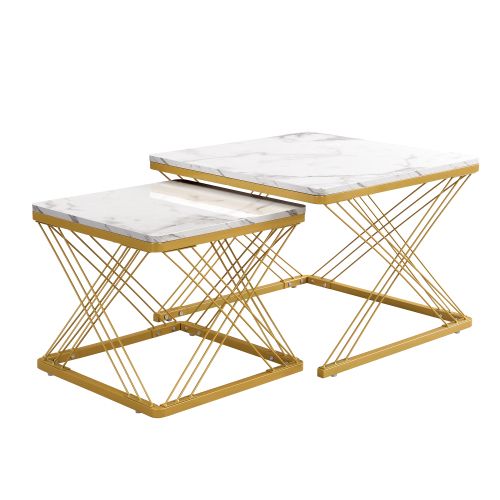 Ensemble De 2 Tables Basses Carrées-marbre Brillant-salon-blanc