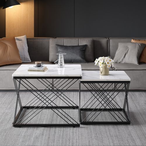 Ensemble De 2 Tables Basses Carrées-marbre Brillant-salon-blanc