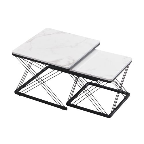 Ensemble De 2 Tables Basses Carrées-marbre Brillant-salon-blanc
