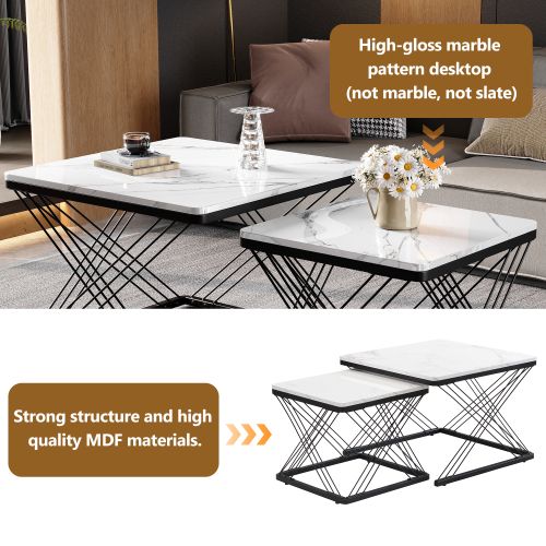 Ensemble De 2 Tables Basses Carrées-marbre Brillant-salon-blanc