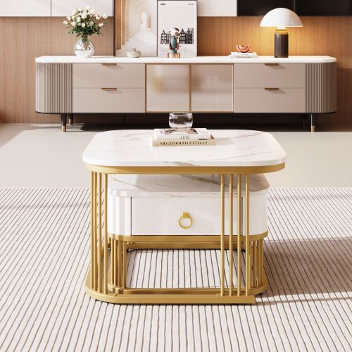Table Basse Empilable-plateau En Verre-marbre Brillant-avec Tiroirs-blanc