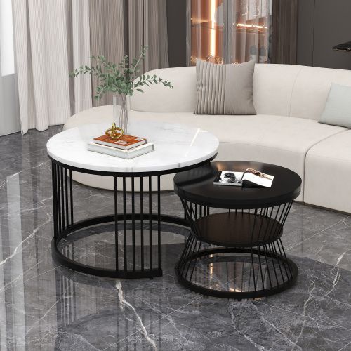 Table Basse Gigogne-ensemble De 2 Tables Basses-plateau Brillant Effet Marbre-noir
