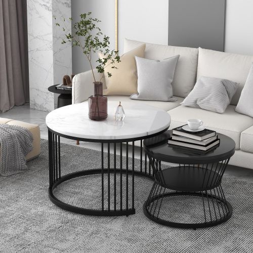 Table Basse Gigogne-ensemble De 2 Tables Basses-plateau Brillant Effet Marbre-noir