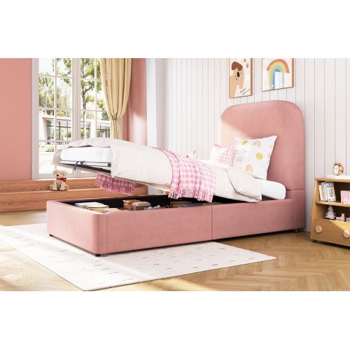 Lit Simple-lit Enfant 90 X 200 Cm-réglable Hydraulique-grand Espace De Rangement-velours-rose
