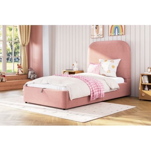 Lit Simple-lit Enfant 90 X 200 Cm-réglable Hydraulique-grand Espace De Rangement-velours-rose
