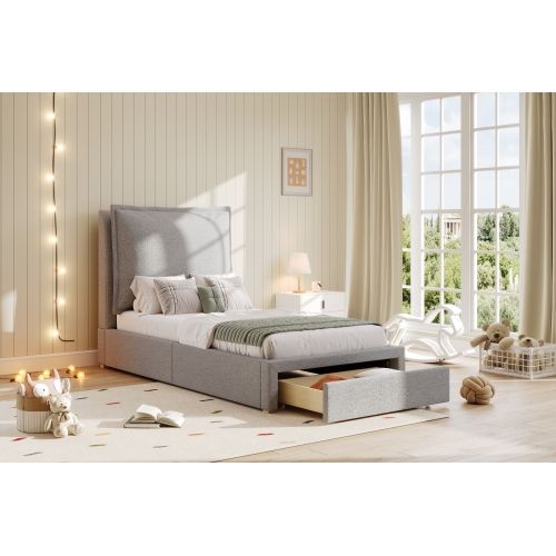 Lit Simple-lit Enfant 90 X 200 Cm-lit Fonctionnel-grand Espace De Rangement-chenille-gris
