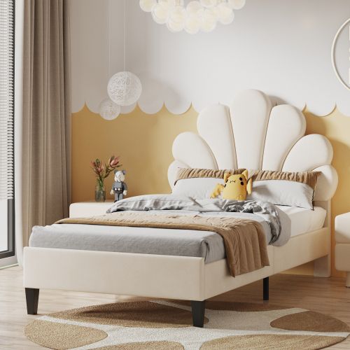 Lit Enfant 90x200 Cm-tête De Lit En Forme De Fleur-lit Pour Adolescente-en Velours-beige
