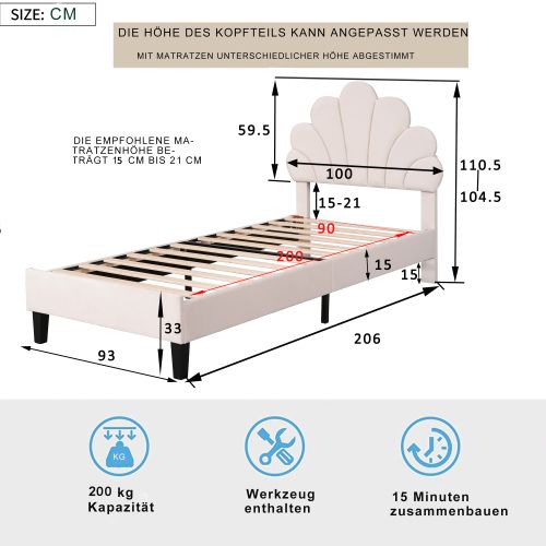 Lit Enfant 90x200 Cm-tête De Lit En Forme De Fleur-lit Pour Adolescente-en Velours-beige