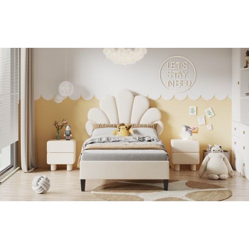 Lit Enfant 90x200 Cm-tête De Lit En Forme De Fleur-lit Pour Adolescente-en Velours-beige