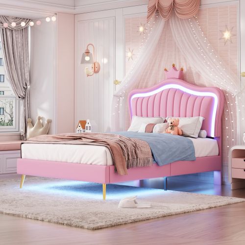 Lit Enfant 90x200 Cm-lit Simple-en Cuir Pu-avec Lumières LED-rose