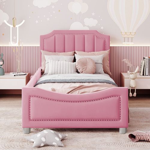 Lit Enfant-lit Rembourré 90x200cm-lit Multifonctionnel Avec Dossier Et Accoudoir-lit Simple-rose