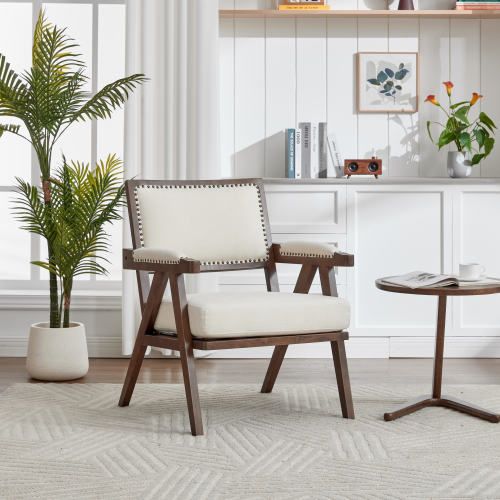 Fauteuil Lounge Moderne-méridienne Rembourrée-en Tissu-structure En Bois-beige