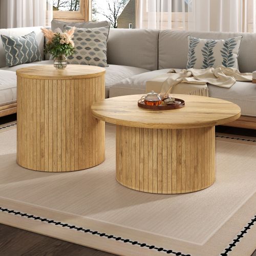 Table Basse-table Ronde Double Avec Plateaux En Bois Naturel-table De Salon Multifonctionnelle