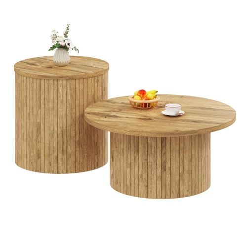 Table Basse-table Ronde Double Avec Plateaux En Bois Naturel-table De Salon Multifonctionnelle