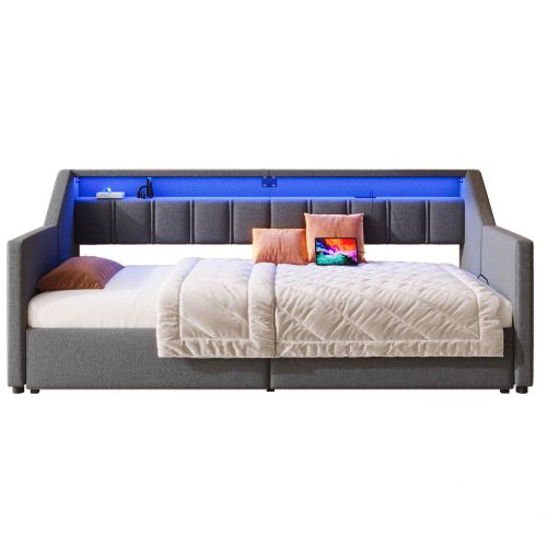 Lit Gigogne Multifonctionnel-canapé-lit 90 X 200cm-avec USB Et Type-c- Bande LED-2 Tiroirs-gris