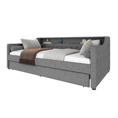 Canapé-lit 90x200 Cm-éclairage LED-lit Gigogne-port De Chargement USB-lit Simple-gris