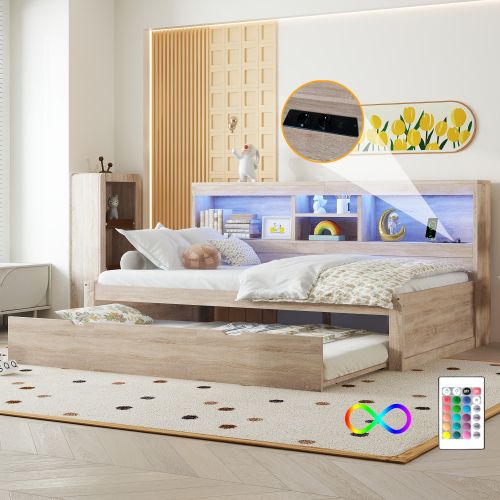 Lit Gigogne 90x200cm Avec LED-rangement De Chevet-prise USB, Lit Simple En Bois-lit Enfant-bois