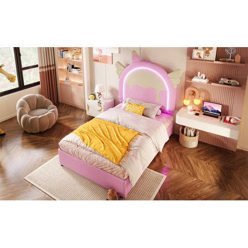 Lit Enfant -forme Dessin Animé-lit Capitonné Avec 2 Tiroirs-90 X 200 Cm-rose