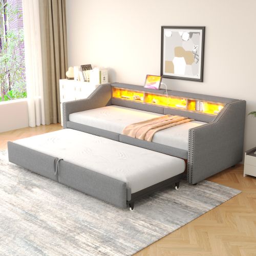 Lit Rembourré-lit Gigogne 90/180 X 200 Cm-rangement Multifonctionnel-led Et Port USB-gris Clair