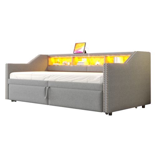 Lit Rembourré-lit Gigogne 90/180 X 200 Cm-rangement Multifonctionnel-led Et Port USB-gris Clair
