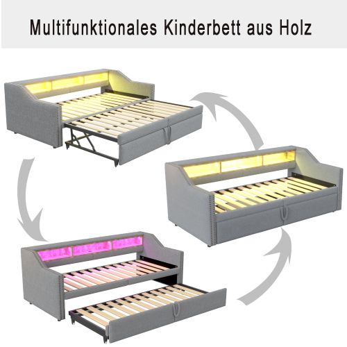 Lit Rembourré-lit Gigogne 90/180 X 200 Cm-rangement Multifonctionnel-led Et Port USB-gris Clair