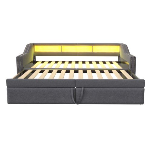 Lit Rembourré-lit Gigogne 90/180 X 200 Cm-rangement Multifonctionnel-led Et Port USB-gris Foncé