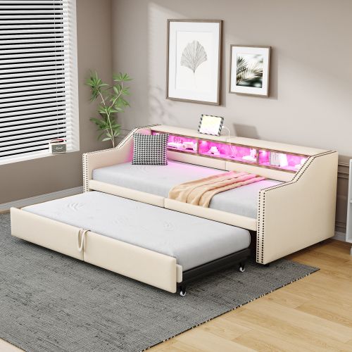 Lit Rembourré-lit Gigogne 90/180x200cm-rangement Multifonctionnel-éclairage LED Et Port USB-beige