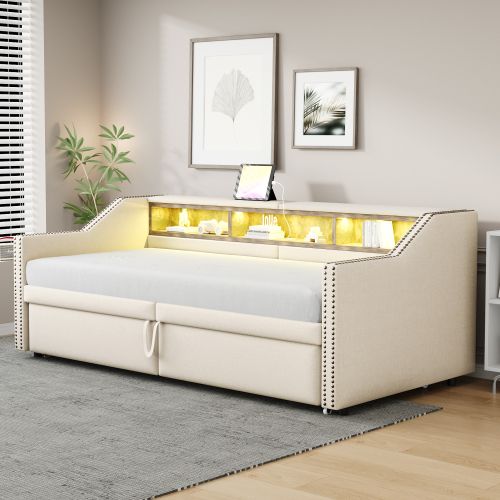 Lit Rembourré-lit Gigogne 90/180x200cm-rangement Multifonctionnel-éclairage LED Et Port USB-beige