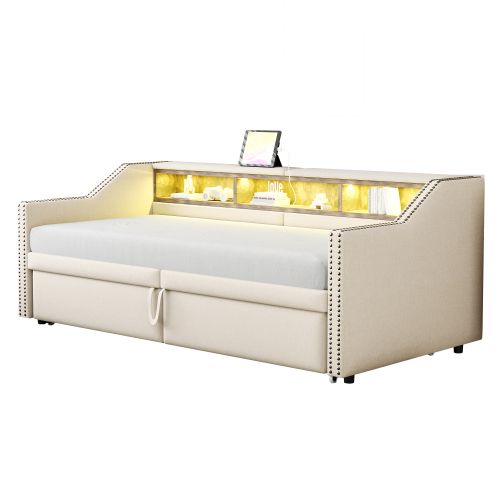 Lit Rembourré-lit Gigogne 90/180x200cm-rangement Multifonctionnel-éclairage LED Et Port USB-beige