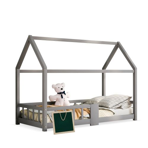 Lit Cabane 90x200 cm-lit enfant-avec Barrière Et Sommier-en Bois Massif - Gris