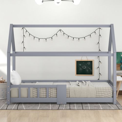 Lit Cabane 90x200 cm-lit enfant-avec Barrière Et Sommier-en Bois Massif - Gris
