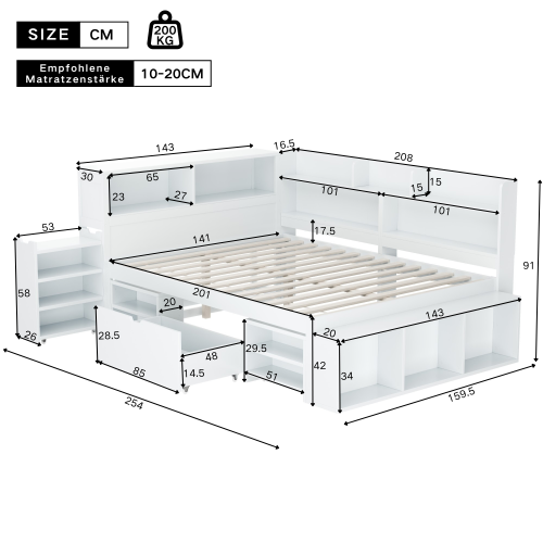 Lit Enfant 140 X 200 Cm-lit Simple Avec Tiroirs -bibliothèque Et Armoire De Rangement-blanc