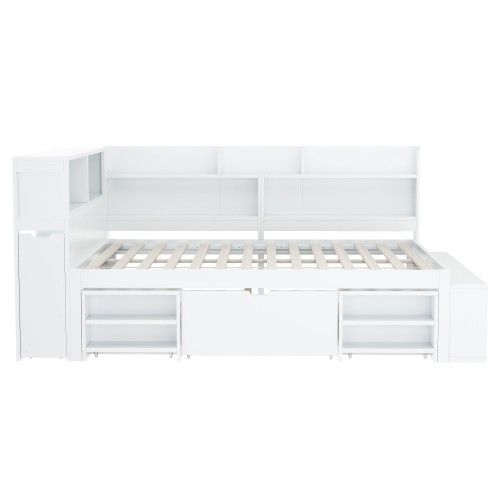 Lit Enfant 140 X 200 Cm-lit Simple Avec Tiroirs -bibliothèque Et Armoire De Rangement-blanc