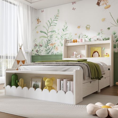 Lit Enfant 90x190 Cm-lit Simple-avec Tiroirs, Étagère-lit En Bois-blanc Finition Chêne