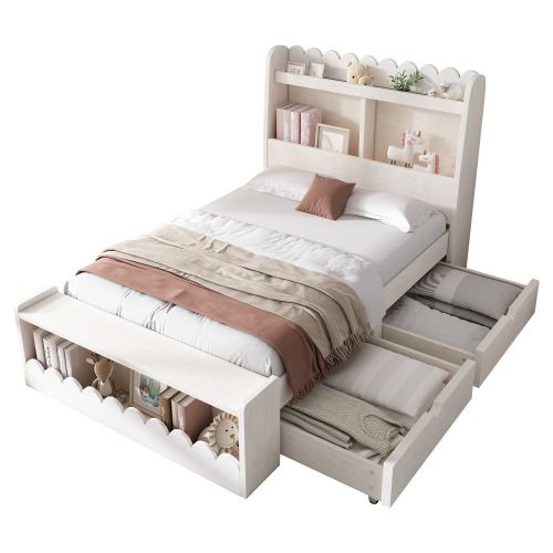 Lit Enfant 90x190 Cm-lit Simple-avec Tiroirs, Étagère-lit En Bois-blanc Finition Chêne