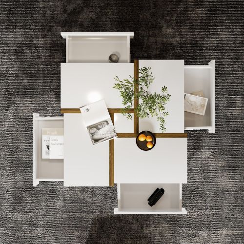 Table Basse 78 X 78 X 36 Cm-avec 4 Tiroirs-espace De Rangement En Dessous-en Bois