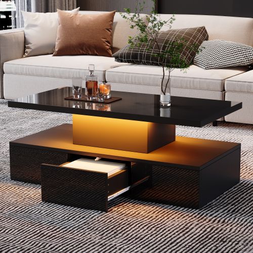 Table Basse Avec Lumière LED 16-1 Tiroir Coulissant-rectangulaire-table De Salon Brillante-noir