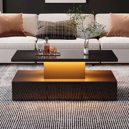 Table Basse Avec Lumière LED 16-1 Tiroir Coulissant-rectangulaire-table De Salon Brillante-noir