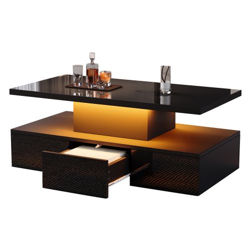 Table Basse Avec Lumière LED 16-1 Tiroir Coulissant-rectangulaire-table De Salon Brillante-noir