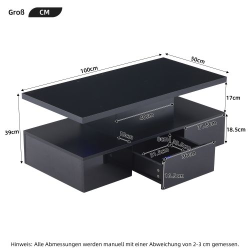 Table Basse Avec Lumière LED 16-1 Tiroir Coulissant-rectangulaire-table De Salon Brillante-noir