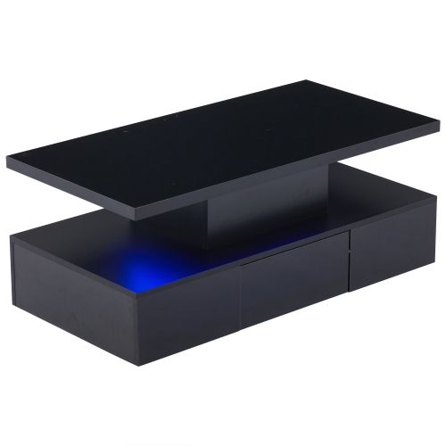 Table Basse Avec Lumière LED 16-1 Tiroir Coulissant-rectangulaire-table De Salon Brillante-noir