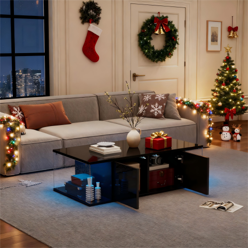 Table Basse-avec Éclairage LED-plateau En Verre Trempé-table Basse Avec Deux Compartiments-noir