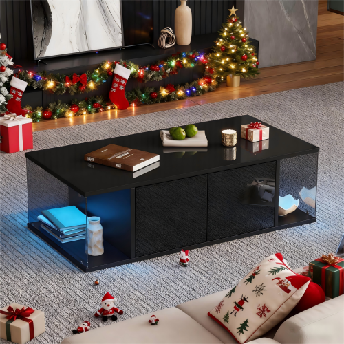 Table Basse-avec Éclairage LED-plateau En Verre Trempé-table Basse Avec Deux Compartiments-noir