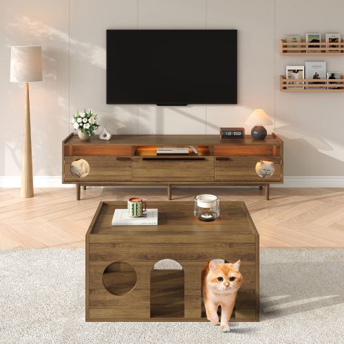 Meuble TV-avec Éclairage LED-espace De Repos Pour Chat-portes Vitrées Renforcées D'acier-en Noyer