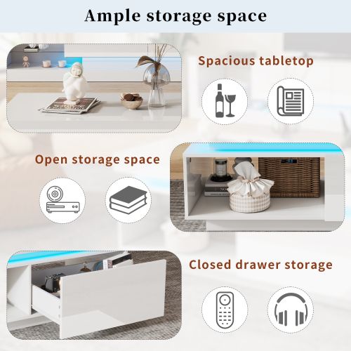 Table Basse -laquée Brillante Avec Éclairage LED-table Élégante Avec Tiroir-blanc