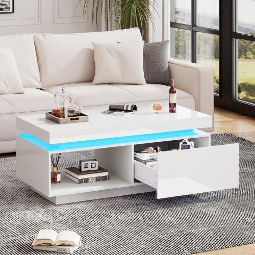 Table Basse -laquée Brillante Avec Éclairage LED-table Élégante Avec Tiroir-blanc