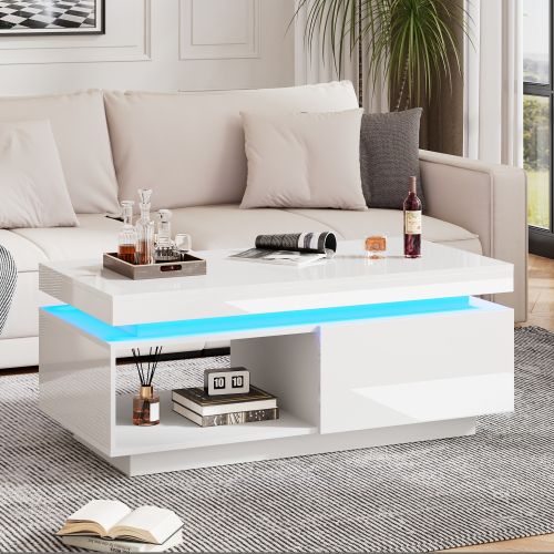 Table Basse -laquée Brillante Avec Éclairage LED-table Élégante Avec Tiroir-blanc