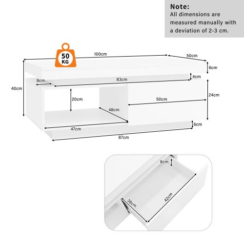 Table Basse -laquée Brillante Avec Éclairage LED-table Élégante Avec Tiroir-blanc