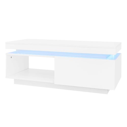 Table Basse -laquée Brillante Avec Éclairage LED-table Élégante Avec Tiroir-blanc