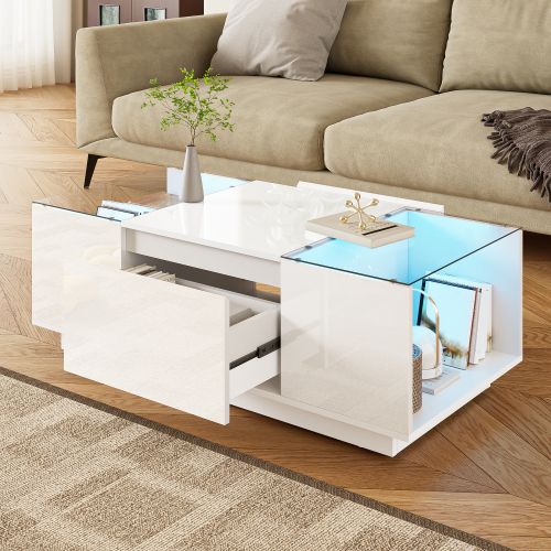 Table Basse-avec Rangement-éclairage D'ambiance LED-plateau En Verre Et 2 Tiroirs-blanc